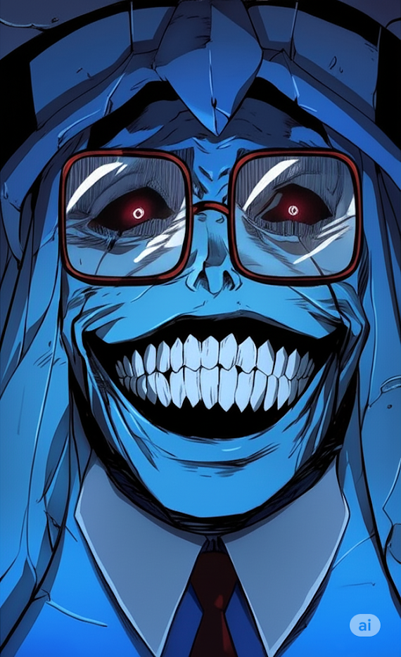 Demonic statue of God from Solo Leveling wearing glasses and necktie